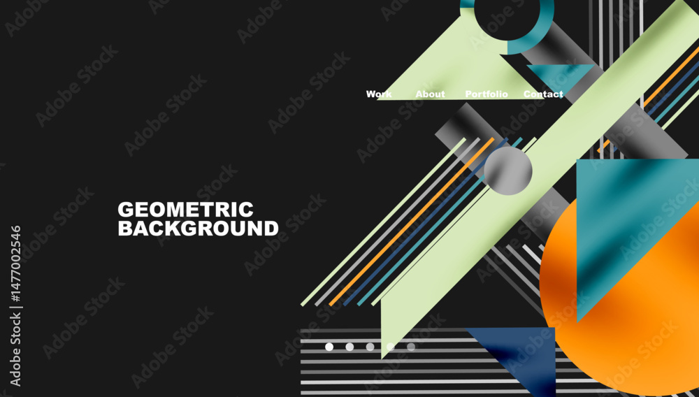 Poster abstract geometric design. light shapes overlap dark background. text labels sections work, about, p