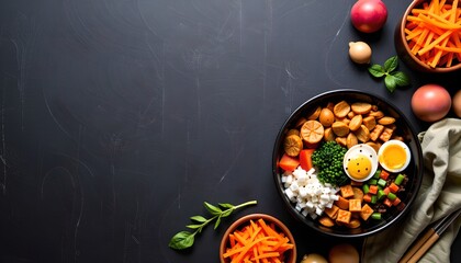 Delicious healthy food photography kitchen table setting colorful ingredients bright lighting gourmet concept