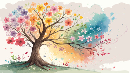 Naklejka premium *Blooming tree with vibrant blossoms symbolizing family roots and growth, cheerful and nurturing, with copy space*