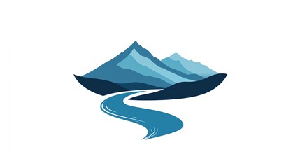 Obraz premium A serene vector logo showcases a winding blue river flowing through a majestic, silhouetted mountain range.