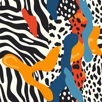 seamless pattern of abstract animal shapes, giraffe spots, zebra stripes, and leopard print, modern pattern style