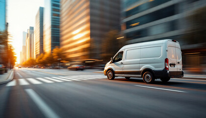 Fototapeta premium A motion blur shot of a delivery van in a fast-paced city, emphasizing speed.