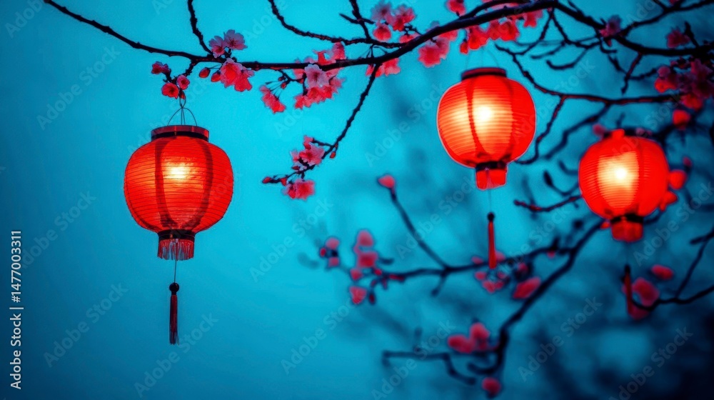 Poster Illuminated red lanterns hanging from a blossoming tree branch at dusk.