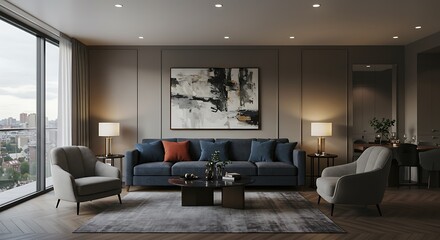 Modern Living Room Interior Design with Comfortable Sofa and City View