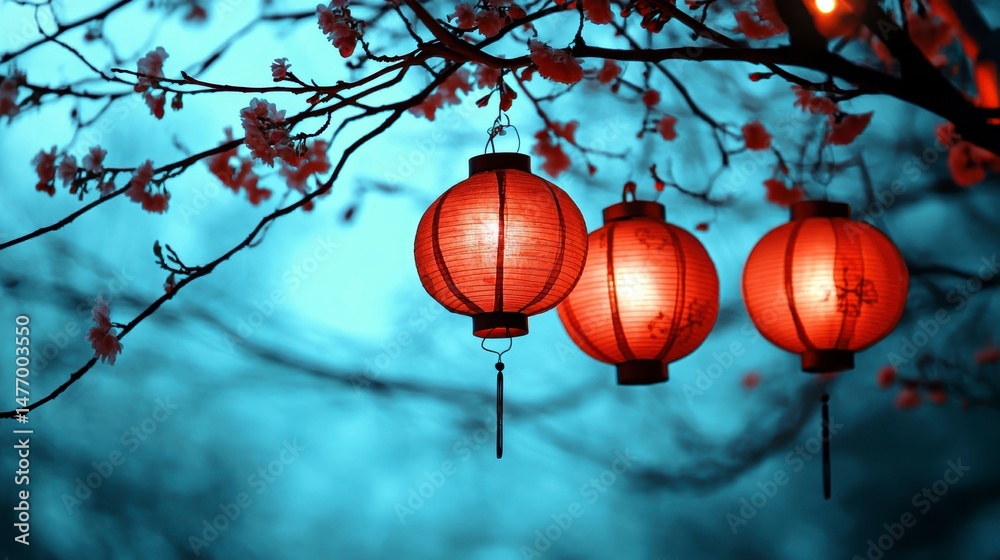 Poster three red lanterns hanging from a blossoming tree branch at dusk.