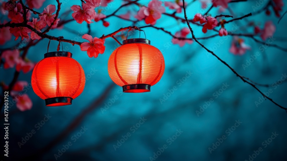 Poster Two illuminated red lanterns hanging from a blossoming tree branch at dusk.