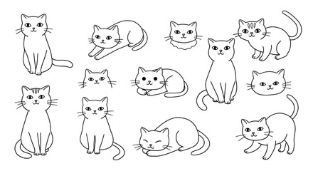 Cute Cats Cartoon Outline Illustrations Set