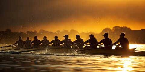 Rowing team boat race water sport competition athlete sunset silhouette