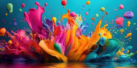 Abstract explosion of colorful paint splatters in bright hues.