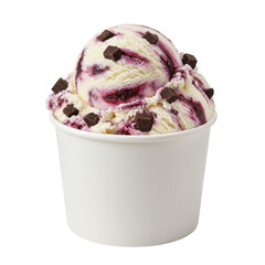 Creamy dessert featuring swirls of berry sauce and chocolate chunks in a cup
