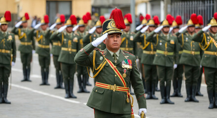 Bolivian soldiers giving salute during ceremony military, glory and honor, dignified military uniform