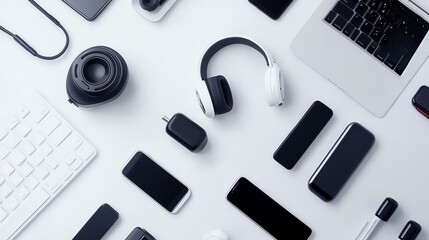 A sleek, minimalist desk showcases a collection of modern technology gadgets ? a tablet, wireless headphones, and a smart speaker ? arranged against a clean white surface.