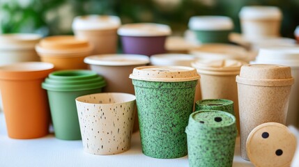 Variety of eco friendly disposable coffee cups in different colors and sizes