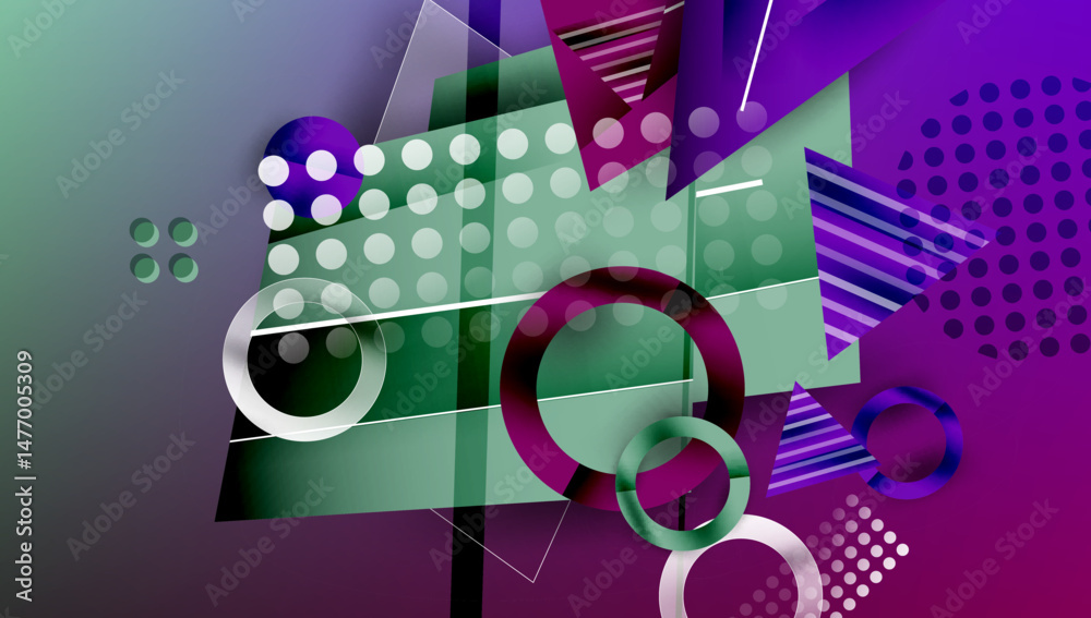 Aufkleber Abstract composition. Geometric shapes overlap, creating vibrant gradients. Circles, triangles, rectangles dominate design. Modern aesthetic.