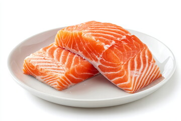 Raw salmon fillet on a white plate isolated on white background.
