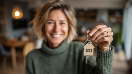 Happy Woman Holding New House Keys in Cozy Living Room. realtor selling apartment, offering to client, real estate agent, mortgage or rent