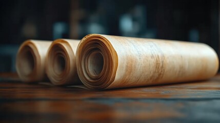 Rolled paper scrolls set on wooden surface with soft focus background