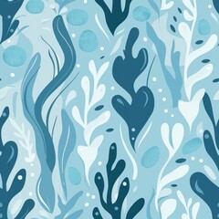 seamless pattern of abstract minimal sea plant shapes and bubbles in soft blue and aqua tones, simple vector style
