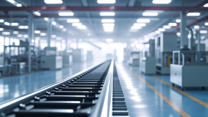 Fototapeta premium A modern factory floor with a conveyor belt stretching into the distance, showcasing automation.