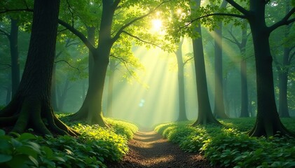 Obraz premium Sunlight dappling through lush forest canopy, creating a magical atmosphere , sunlight, woodland, background