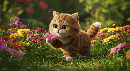 Cute Kitten in Flower Garden