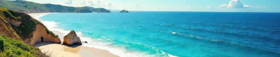 Fototapeta premium Crisp aged postcard, coastal scene, blue ocean, sand, antique, tone