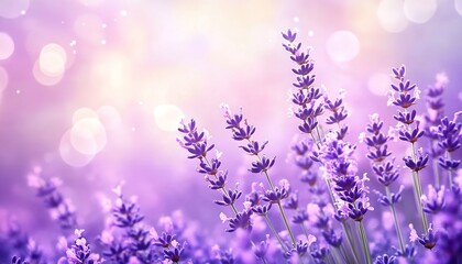 Fototapeta premium Lavender field with soft pastel background and bokeh light.