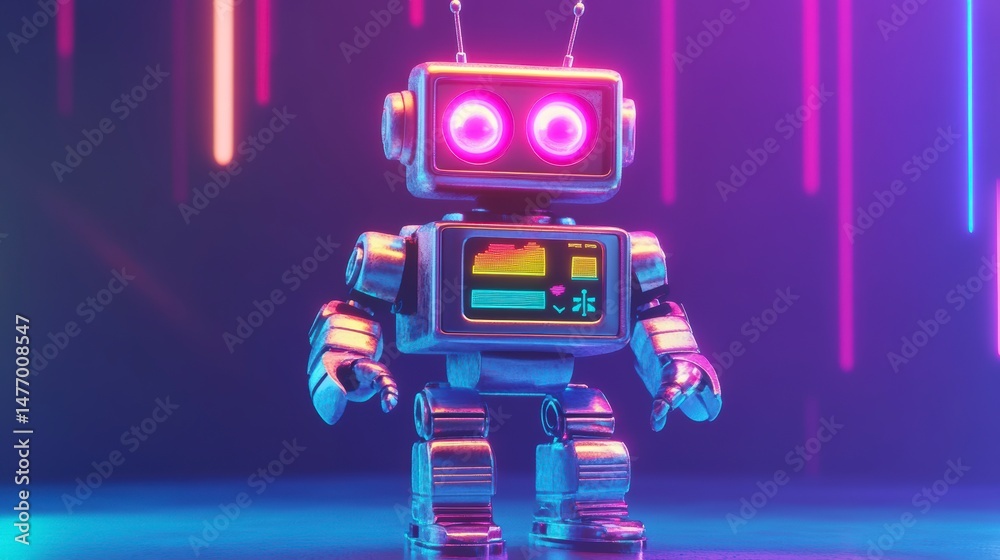 Poster retro robot in vibrant neon light.