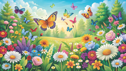 Obraz premium flowers butterflies Summer Floral Spring Bloom Vector background 