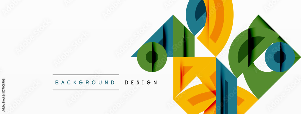 Poster Abstract geometric shapes, vibrant colors, modern design. Background features overlapping elements, creating dynamic visual effect.