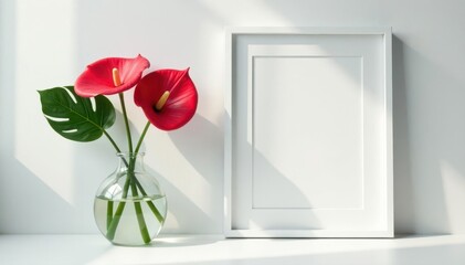Elegant white frame mockup; vibrant monstera in glass vase on white table , advertising, bright