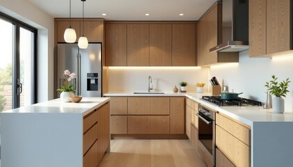 Fototapeta premium Modern kitchen renovation showcasing sleek cabinets, quartz countertops, and stainless steel appliances , kitchen remodel, breakfast bar, quartz countertops