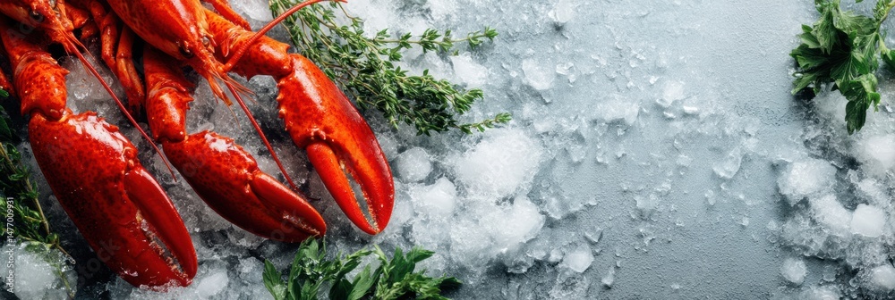 Poster lobster claws displayed on ice with fresh herbs for culinary presentation in a gourmet setting