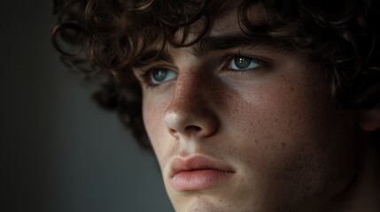 A young man with vibrant, curly hair sits pensively, his expression suggesting deep thought against a neutral background.