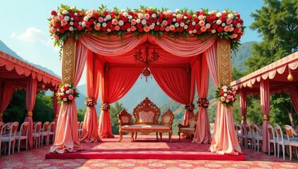 Ornate wedding mandap decorated with vibrant flowers and intricate details, ready for the ceremony , sacred, luxury, marriage ceremony