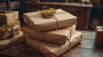Beautifully wrapped gift packages with dried flowers on rustic wooden table
