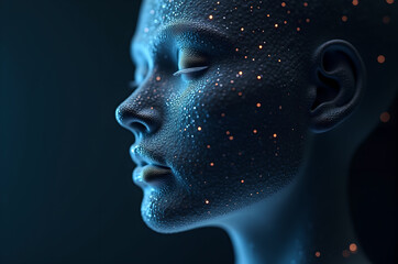Holographic woman technological head portrait Futuristic face female humanoid robot.A Technological Future. information space. Copying space.generative ai