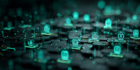Abstract 3D rendering of dark hexagon grid with teal glowing security icons, symbolizing digital security and data protection in a futuristic network