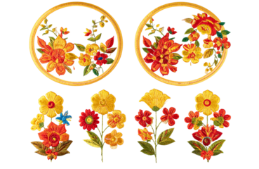 A set of yellow and red floral embroidery designs, with a transparent background,