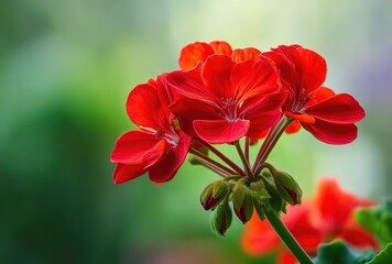 Cluster of bright red geranium flowers with green leaves against blurred background.