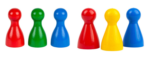 Three game pieces in different colors on a transparent background PNG