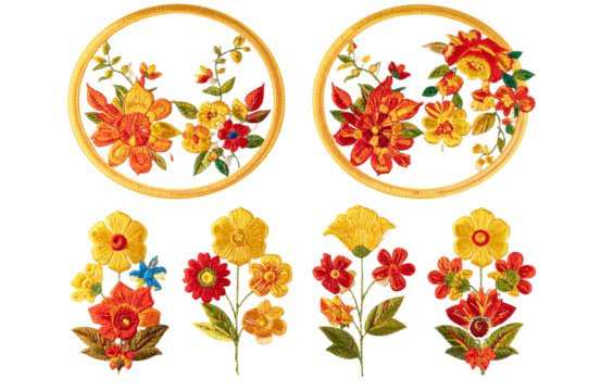 A set of yellow and red floral embroidery designs, with a transparent background,