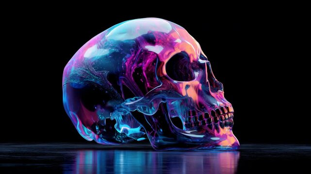 Luminous skull showcases mortality and transience with holographic hues and ethereal essence for digital art