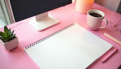 Pastel pink workspace; coffee, notepad, glasses, mouse, pencil, technology, overhead, minimal