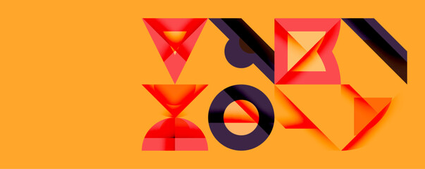 Abstract geometric shapes overlap, creating dynamic composition. Orange background contrasts with red, purple elements. Modern design.