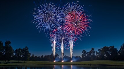 Spectacular Fireworks Display over Serene Golf Course Night Sky Celebration Event Summer Night