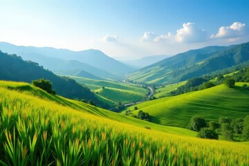 Fototapeta premium Serene landscape of rolling hills and rice paddies in Eastern China under a clear sky , landscape, picturesque