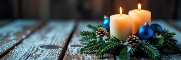 Rustic advent wreath, three lit candles, blue ornaments, snowy wood , advent wreath, holiday, texture