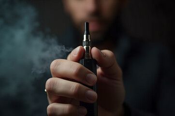steam room vape in men in hands Electronic cigarette vape on a dark background with steam Closeup Hand Holding Vape Pen Emitting Smoke Dark Background