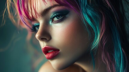 Fototapeta premium A vibrant young woman with intensely colored hair ? streaks of pink, blue, and purple ? confidently gazes directly at the camera, radiating a playful and artistic energy.